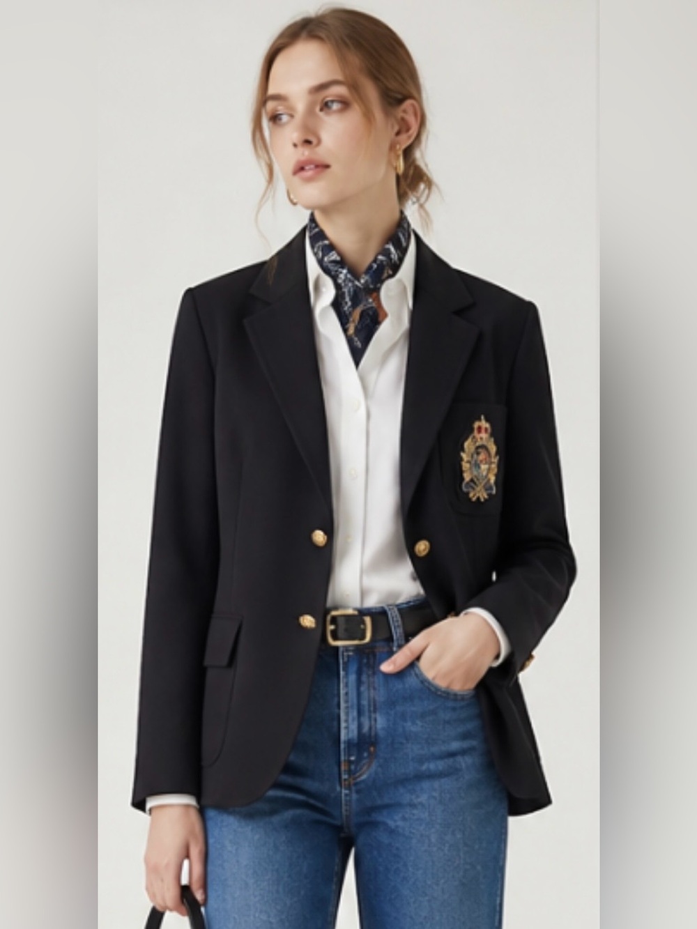 RALPH LAUREN Blazer Equestrian Black Emblem Split Collar Pocket Preppy Gold